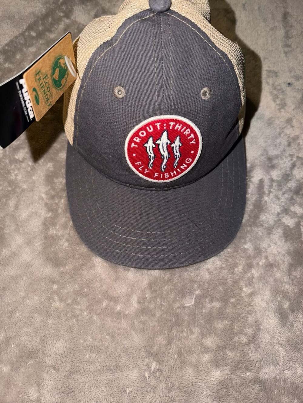 Pukka Trout Thirty Fly Fishing Trucker Hat Gray Tan Snapback